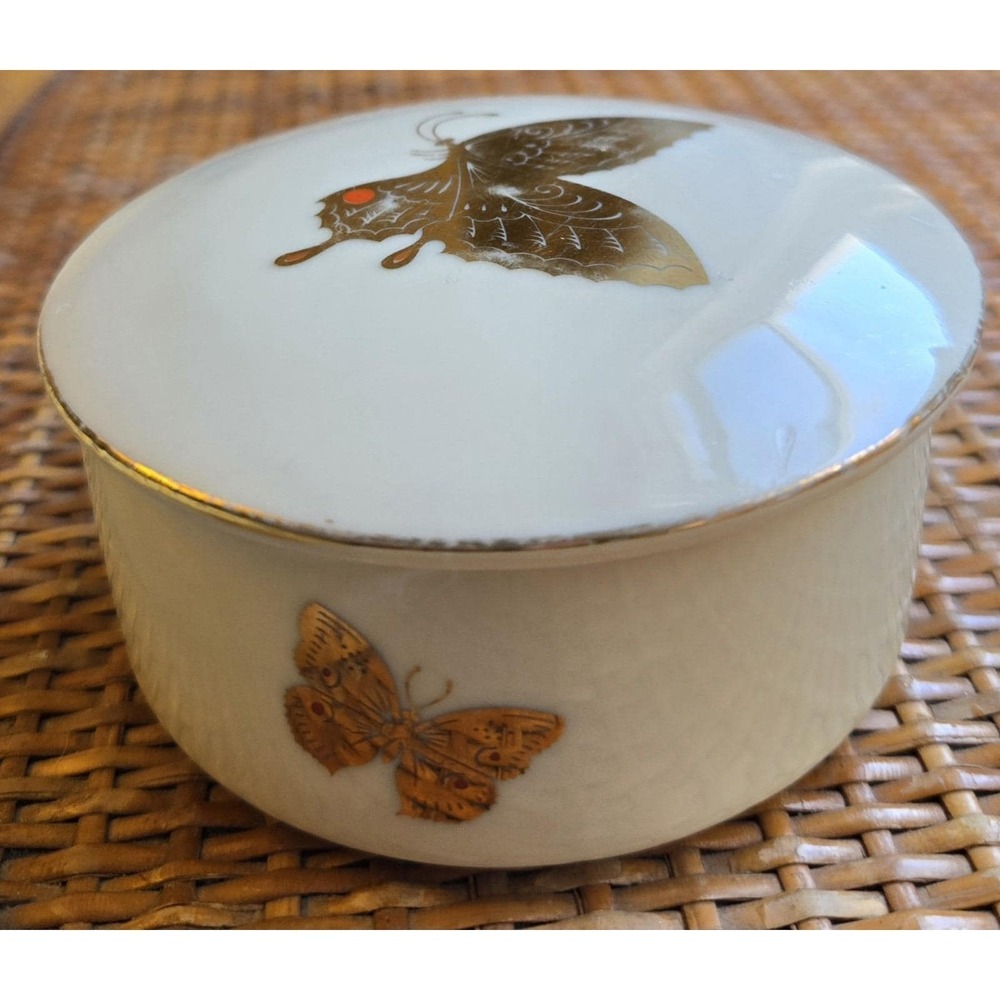 Butterfly Ceramic Trinket Box Round Trimmed In 24k Gold.